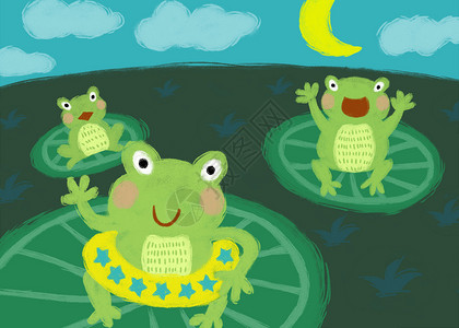 池塘 卡通夜晚卡通青蛙插画