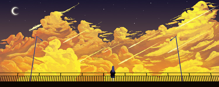 二次元背景海报天桥上看云的少女插画设计图片