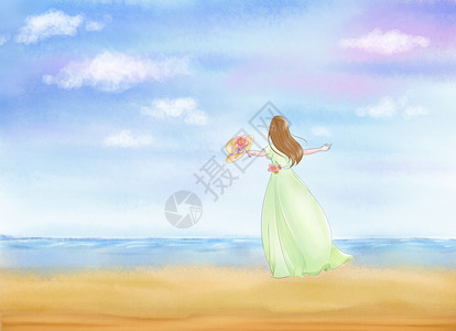 海边漫步女孩浪漫沙滩插画