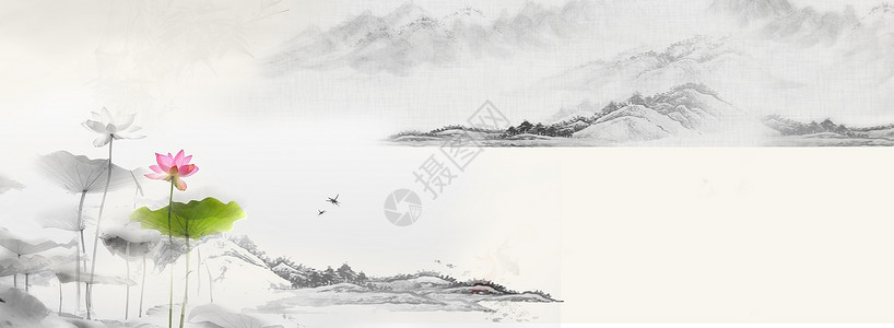 中国传统荷花水墨画banner设计图片