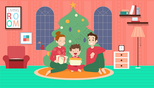 坐在地上女人一家三口在家过圣诞节插画