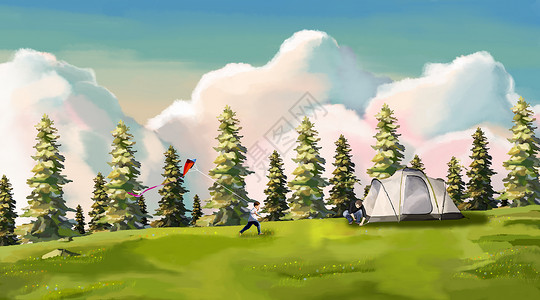父亲与儿子玩耍郊外搭帐篷的父亲和放风筝的儿子插画