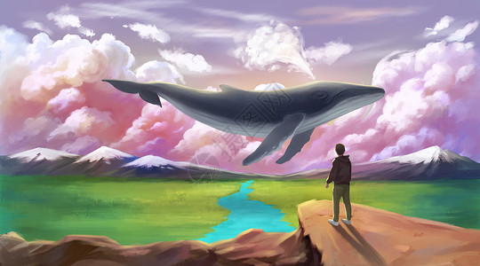 平原风景旷野上的鲸鱼插画