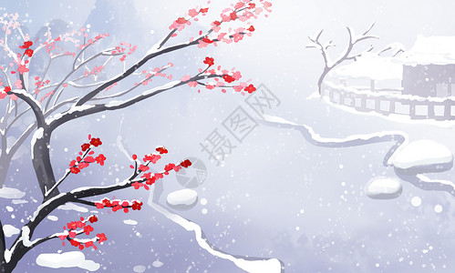 结冰的红色树枝古风唯美梅花林雪景插画插画