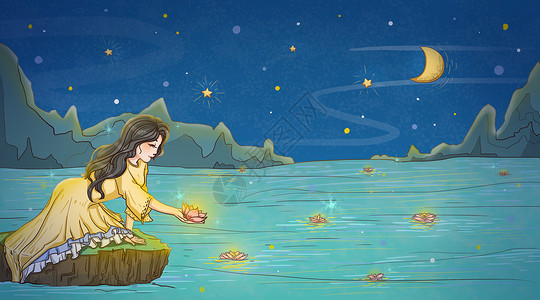 黄色美丽星星海边许愿女孩人物治愈唯美插画插画