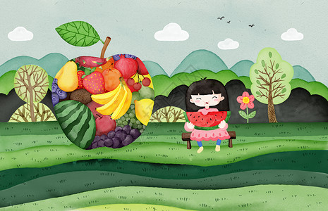 新鲜的葡萄吃西瓜的女孩手绘插画插画