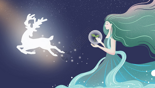落雪插画少女与麋鹿设计图片
