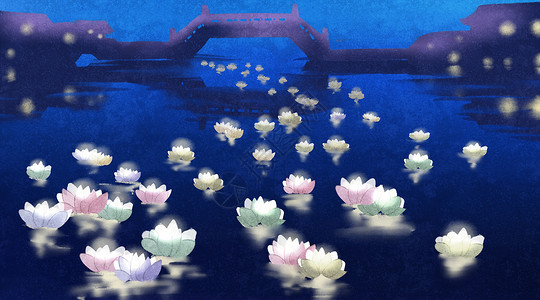 夜景河中国风背景插画