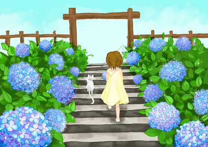手绘蓝色绣球花花丛间的小女孩插画