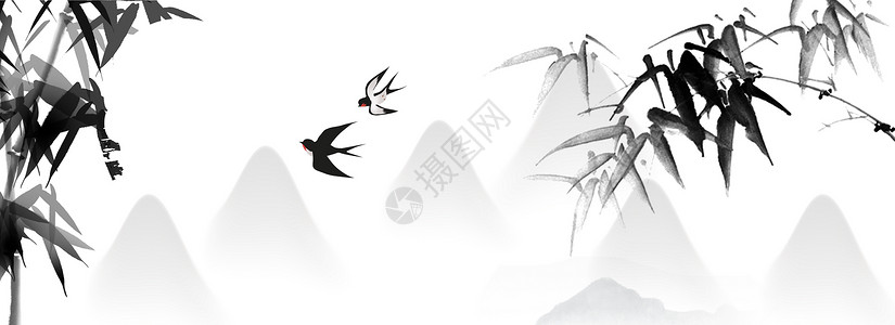桃树上的小鸟中国风水墨竹子设计图片