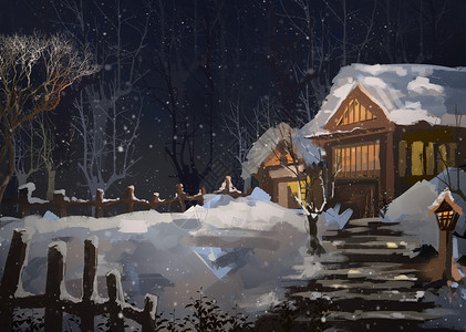 农村冬季雪中房屋插画