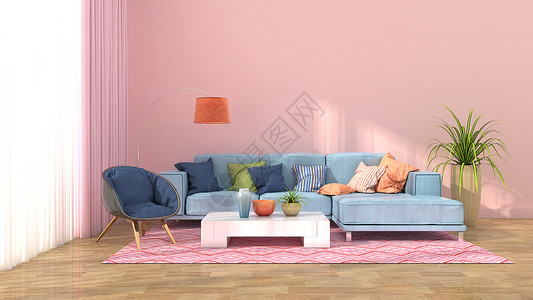 侧面粉色沙发浪漫粉色简约室内家居背景设计图片