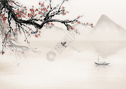 手绘小船冬季梅花设计图片