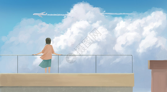 屋顶阳台天台上遥望飞机的少女插画