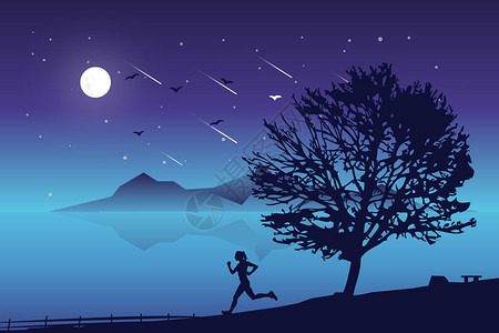 湖边跑步月光下的奔跑插画