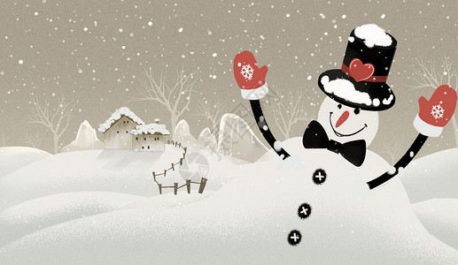 绅士帽子雪地里的雪人插画