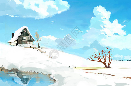 屋村雪山上的小屋插画