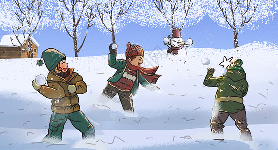 儿童手套打雪仗的小朋友插画