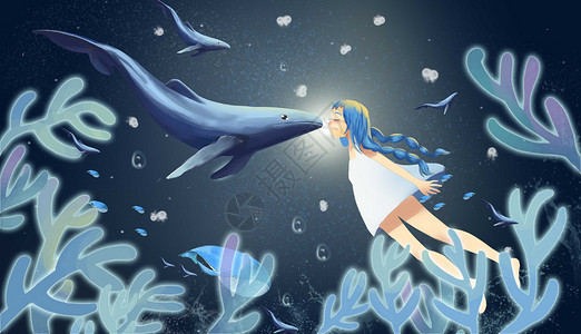 深海气泡深海的女孩和鲨鱼插画