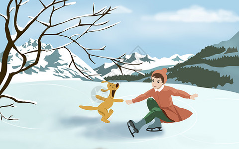冬雪溜冰女孩和狗图片