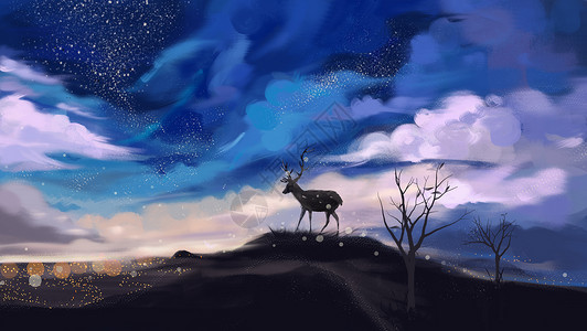 圆月之鹿装饰画云层山顶鹿唯美插画插画