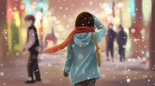 法国巴黎街景冬天雪中的少女插画