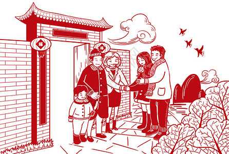百年万国建筑春节剪纸插画插画