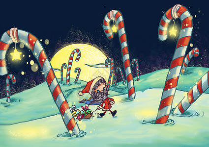西方节假日圣诞老人的夜晚插画