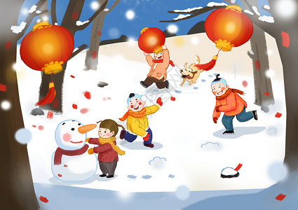 孩童嬉戏打雪仗堆雪人插画