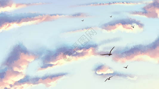 天空霞光彩霞天空和鸟插画