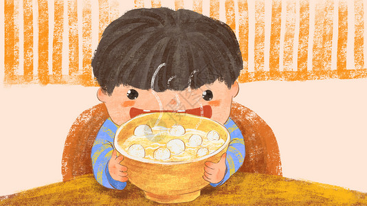 孩子趴在粥碗上吃汤圆插画插画