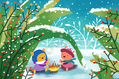 大蘑菇和小兔子冬季雪景治愈系小清新插画插画