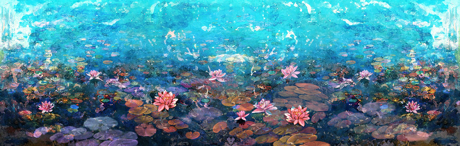 蓝色水波素材湖水花卉背景插画