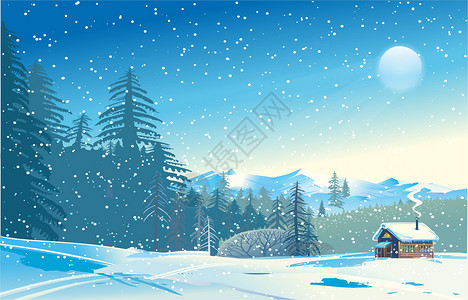 蓝色小屋冬天雪景插画