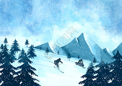 海报矢量图在雪山上滑雪插画