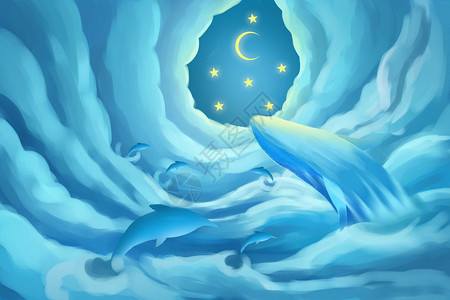 云海鲸鱼云海星辰下的蓝鲸插画插画
