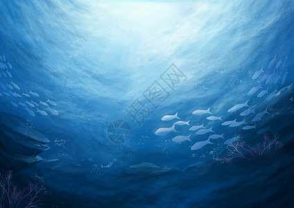 深海世界海底鱼群插画