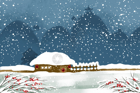 红色雪景冬天小屋插画