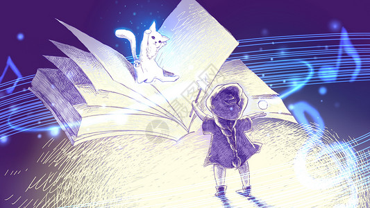 故事与猫素材课本里的幻想小世界插画