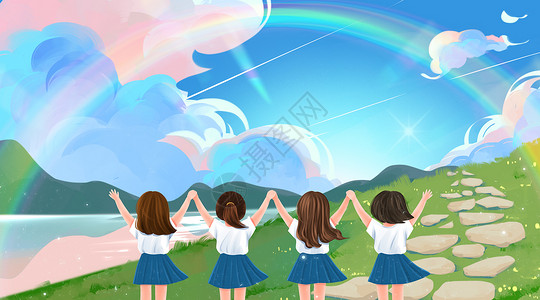 小暑学生时代蓝天草地中的女孩设计图片