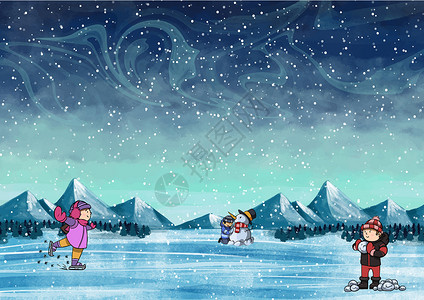 十和田湖在冬天孩子们在雪天玩耍插画