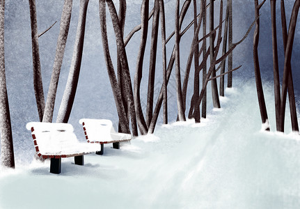 木头长椅冬季雪景插画