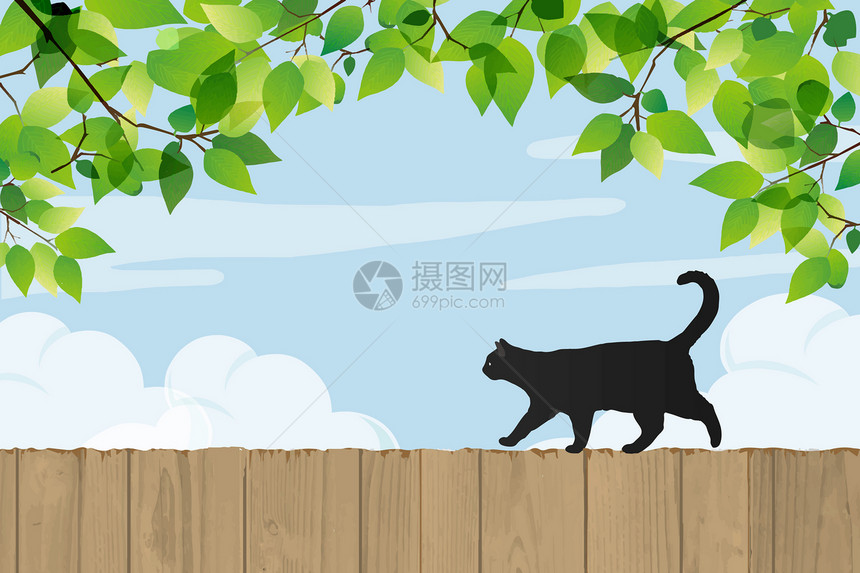 猫咪清新风景插画图片