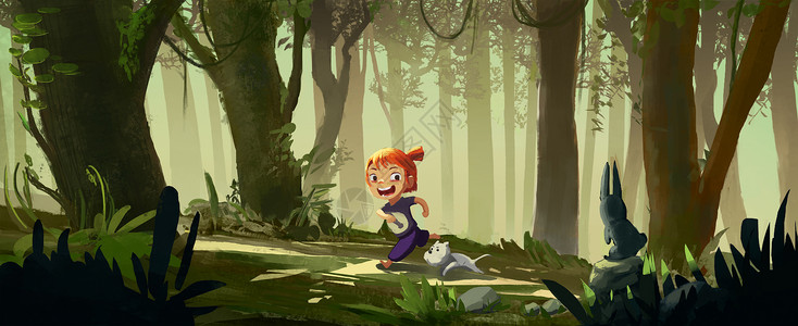 动画电影森林中玩耍的女孩插画