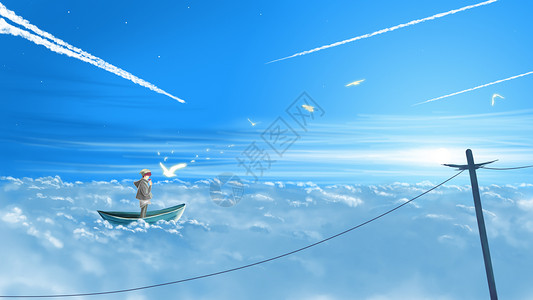 起伏线云海中的小船与少年插画插画