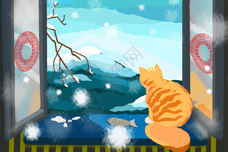 冬天的小猫窗口大的高清图片