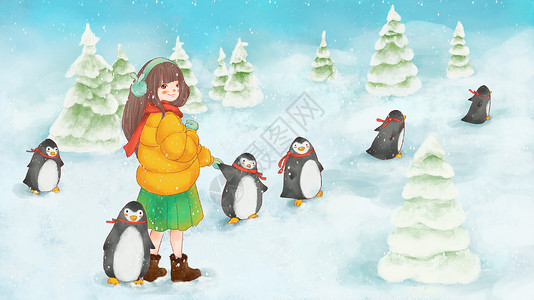 可爱企鹅背景墙女孩与企鹅插画