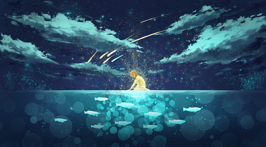 夜空流星冰湖少女的交流插画