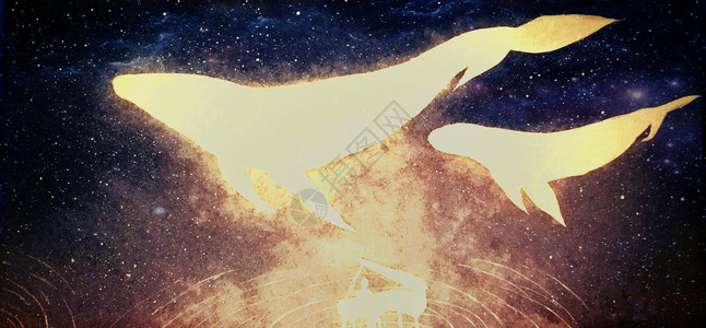 黄色系海报星空中的鲸鱼和钢琴师插画