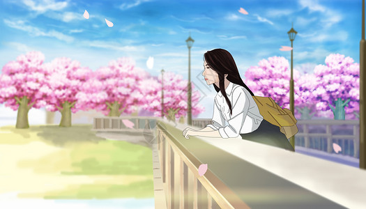 桥上约会的情侣樱花桥上的少女插画